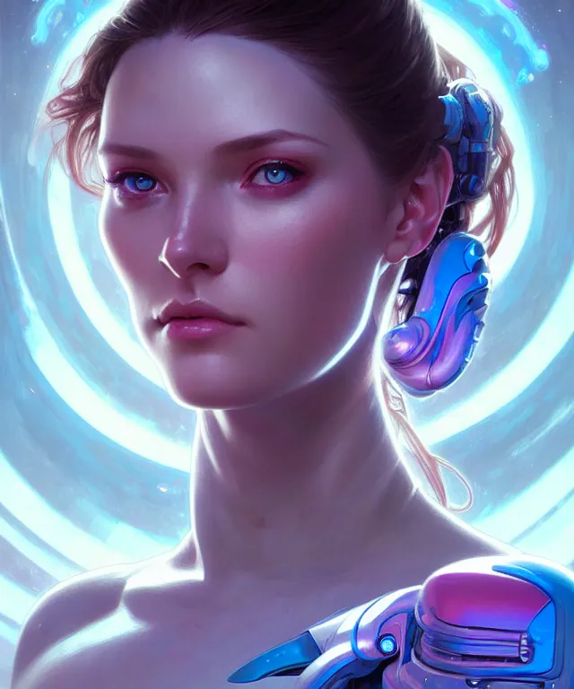 Prompt: Beautiful female android portrait, sci-fi, glowing blue eyes, face, blue and pink exoskeleton, fantasy, intricate, elegant, highly detailed, digital painting, artstation, concept art, smooth, sharp focus, illustration, art by artgerm and greg rutkowski and alphonse mucha