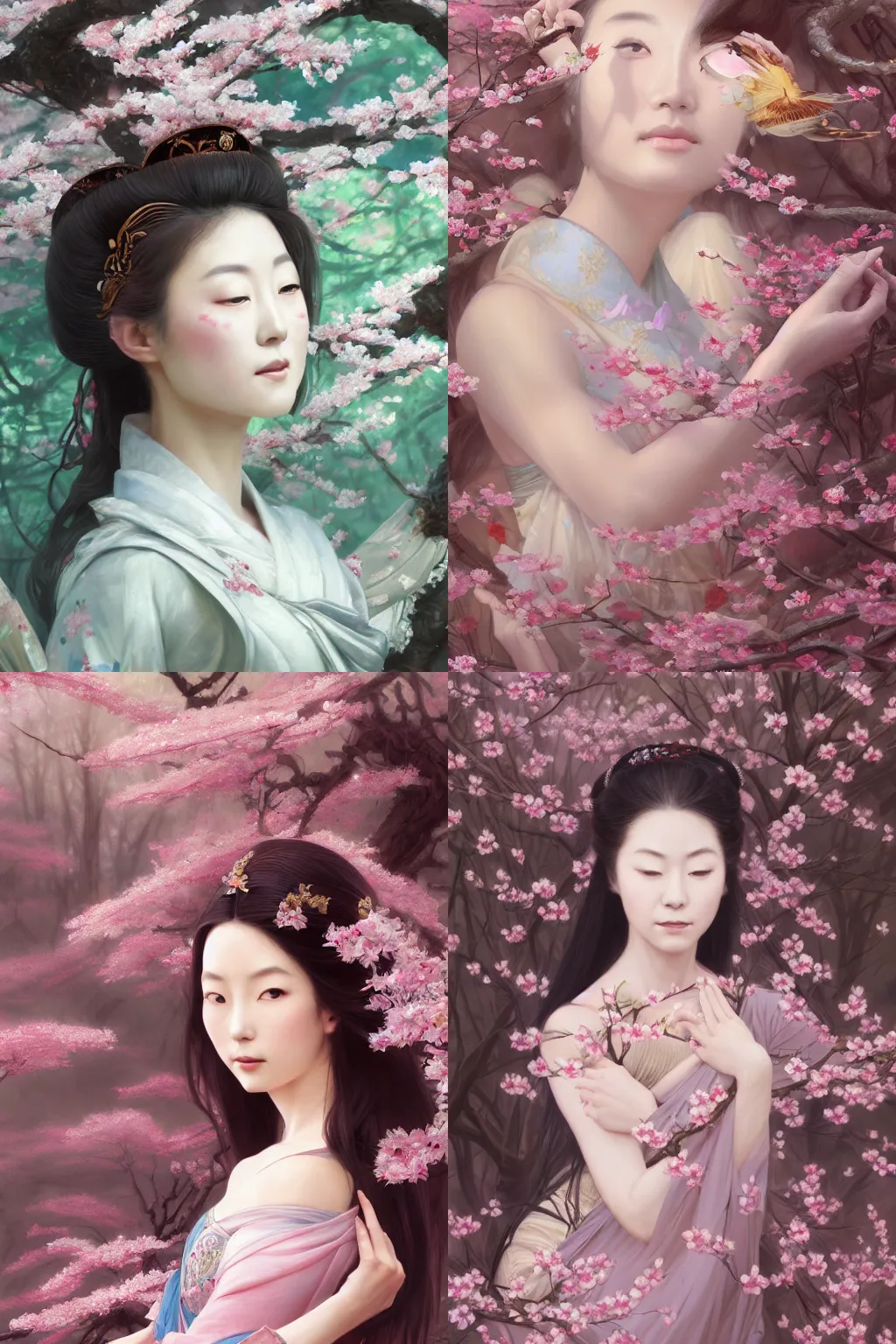 Prompt: oil painting of a japanese princess in a cherry blossom forest, peaceful expression, ornate details, fantasy, intricate, elegant, whimsical, highly detailed brushstrokes, digital painting, artstation, concept art, smooth, sharp focus, illustration, art by charlie bowater and artgerm and greg rutkowski and alphonse mucha