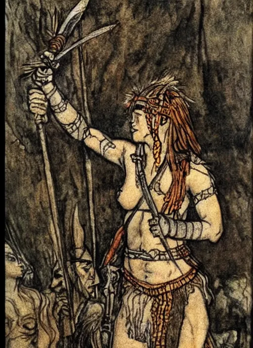 Prompt: barbarian warrior girl in tribal painting by Arthur Rackham