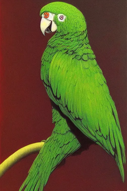 Image similar to beautiful emerald green parrot with red aura and eyes, by zdzisław beksinski, by gustave dore