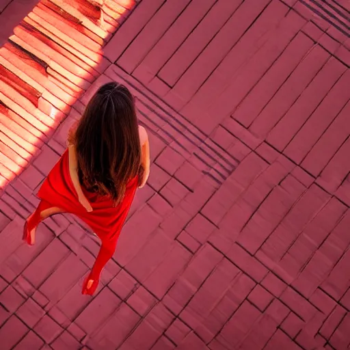 Image similar to a girl in a red dress climbing'' infinite stairs to heaven'' top view, sunset light, cinematic image, hyperrealistic, low iso, 4 k