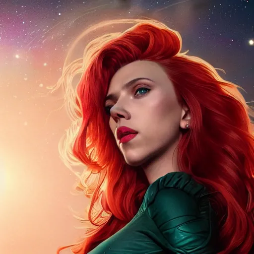 Image similar to a highly detailed matte portrait of scarlett johansson as a red haired vampire sorceress, drinking wine, standing in a space station and looking at jupiter, viewed in profile from far away, crackling green lightning, ultrawide lens, art by artgerm and greg rutkowski and alphonse mucha, volumetric lighting, octane render, 4 k resolution, trending on artstation, masterpiece