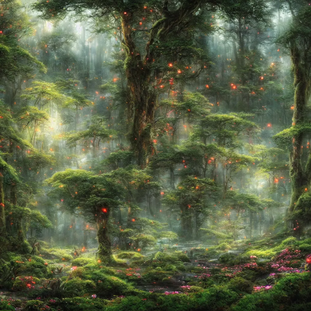 Prompt: A wide shot by an extremely high resolution digital camera of an enchanted forest is shown. Genetically modified magic moss, covering the ground, with a barely seen lake beneath it. Rare, magically glowing, incredible flowers are seen all over the landscape. Rare rays of the moonlight are sparkling the dew drops. A flock of fireflies. Greg Rutkowski and Thomas Kinkade. Trending on Artstation.