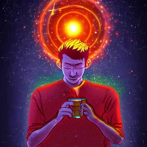 Prompt: A man drinking a cup of cosmic energy bright light by Park Sung-woo Red Ice, 4k, digital art, surreal, anime style,