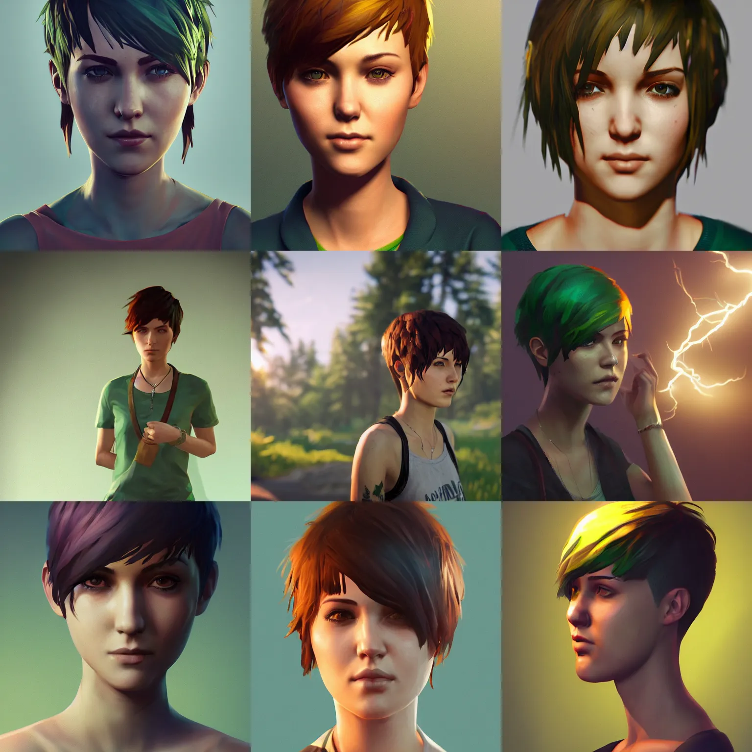 Prompt: green short hair life is strange highly detailed, nervous, glancing over shoulder, smooth, sharp focus, artstation, concept art, golden hour, soft lightning