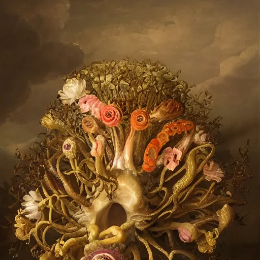 Prompt: disgusting disturbing dutch golden age bizarre mutant flower floral still life with many human toes very detailed fungus disturbing tendrils bizarre slimy forms sprouting up everywhere by rachel ruysch black background chiaroscuro dramatic lighting perfect composition high definition 8 k 1 0 8 0 p