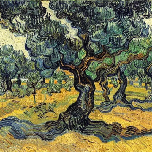 Image similar to olive trees in an ancient greek temple landscape, trending on art station, painting by vincent van gogh