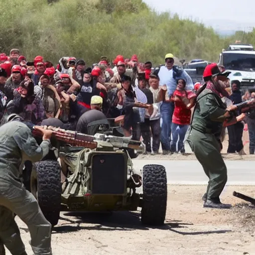 Prompt: Donald Trump firing a minigun at hundreds of zombified Mexicans attempting to cross the border