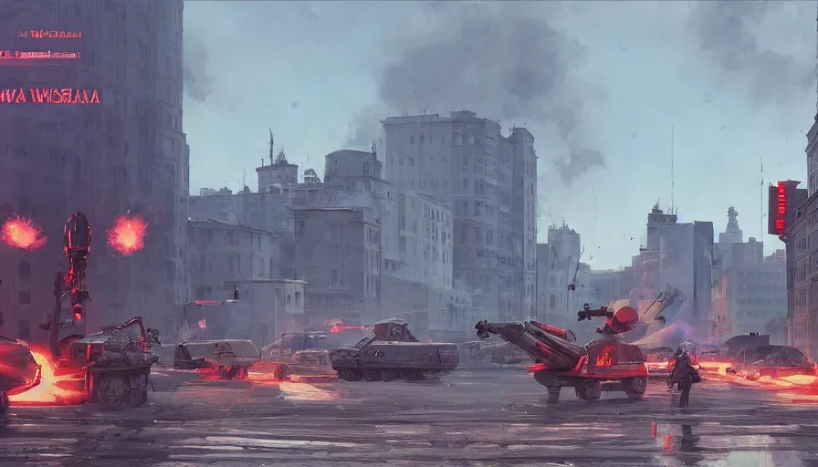 Image similar to warsaw downtown, soldiers and mech fight, simon stalenhag, 4 k, ultra detailed, explosions and smoke
