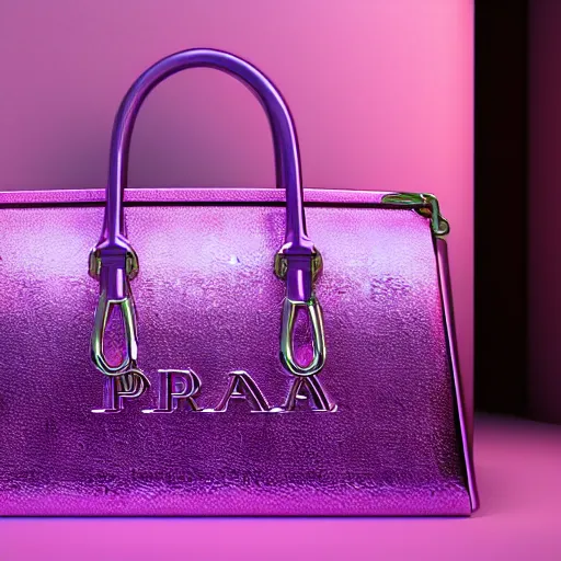 Prompt: y 2 k realistic render of a pink prada purse in a glowing purple room, hyper realistic, hd glossy 8 k realistic shiny sparkling