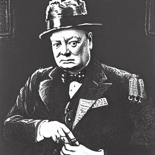 Image similar to winston churchill dressed in cuberpunk military gear. Epic portrait by james gurney and Alfonso mucha.