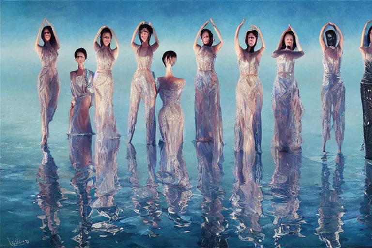 Prompt: 3 d, close - up, group of fashion models standing in a night lake with their hands raised to the bright moon, moon ryas, vogue cover style, intricate oil painting, high detail, figurative art, multiple exposure, poster art, 3 d, by tooth wu and wlop and beeple