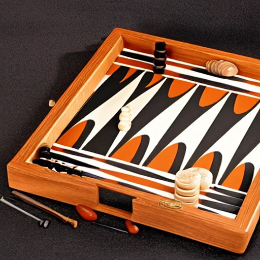 Prompt: backgammon board with pieces made from various types of seafood