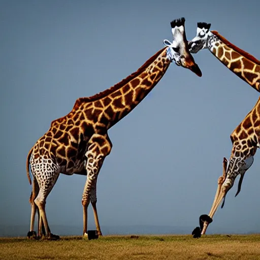 Image similar to two giraffes fighting with swords