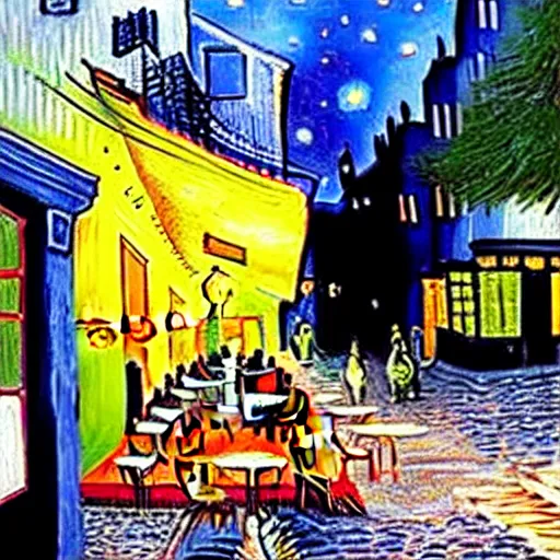 Image similar to Photo of Cafe Terrace at night by Vincent Van Gogh