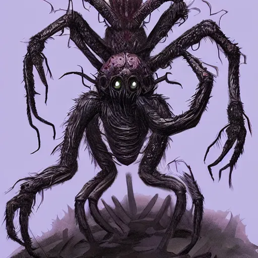 Prompt: d & d monster, huge spider monster with 1 0 0 eyes, each leg covered in mouths, dark fantasy, concept art, character art