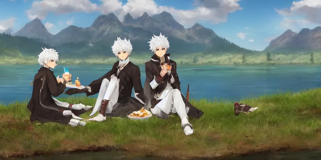 Prompt: alphinaud and alisaie leveilleur having lunch near a lake. they are sitting on the grass, the weather is nice.