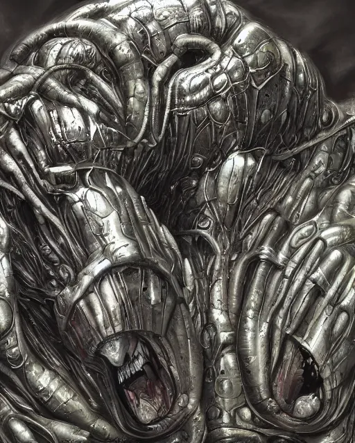 Prompt: Haunting horrifying detailed painting of a huge muscular hulking extraterrestrial metallic monster made of steel plating, hyperrealistic human eyes, hyper detailed, trending on Artstation