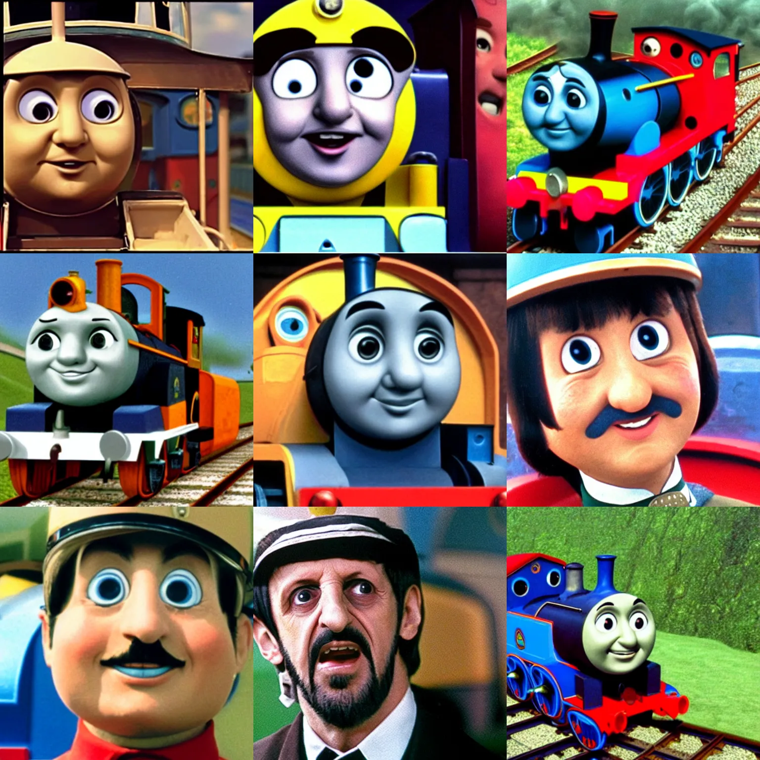 Prompt: Ringo Starr\'s face on a train in Thomas the Tank Engine