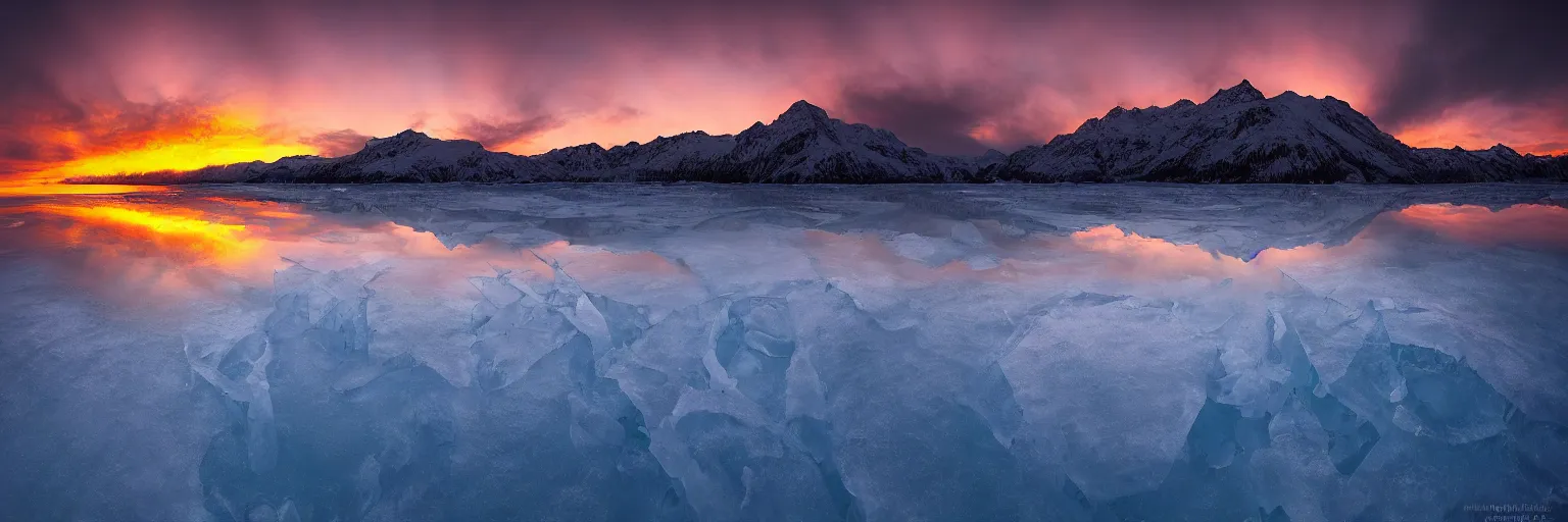 Prompt: amazing landscape photo of A (gigantic) monster trapped under the ice transparent frozen lake at sunset by marc adamus beautiful dramatic lighting