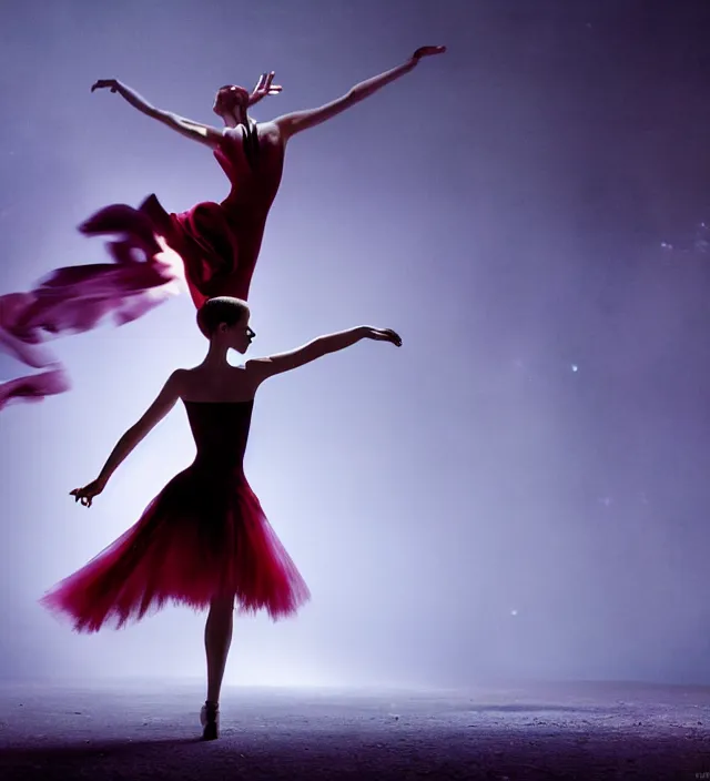 Prompt: la la land unseen film scene of gaz station by night starring seductive actress doing steps dancing and dressed by an organic looking dress from designer * iris van herpen *, with stylish colorfull makeup. intriguing soft back lighting, highly detailed, skin grain detail, photography by paolo roversi, nick knight