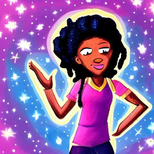 Image similar to black woman with purple dreads in space in the style of steven universe