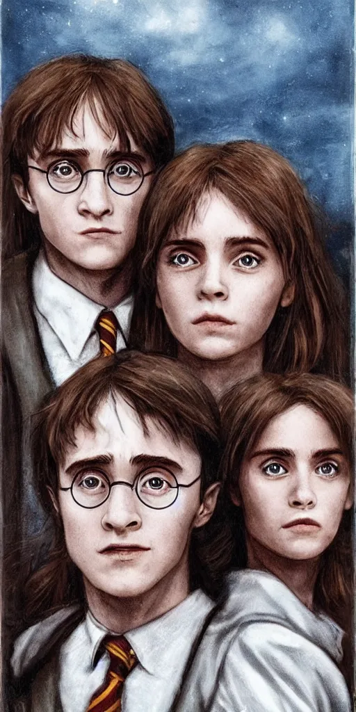 Image similar to Harry Potter Ron and Hermione in Venice, hyper realistic face, symmetrical face, beautiful eyes,