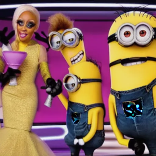 Image similar to minions competing on ru Paul’s drag race