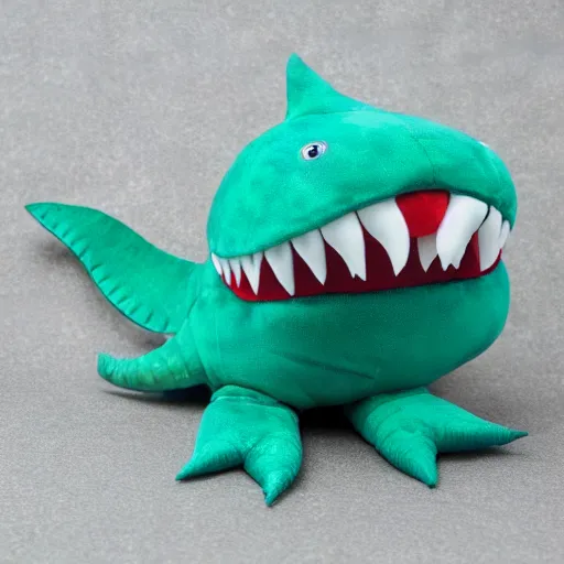 Prompt: a sharkchthulu plush. beautifully made, detailed, cute, soft. high quality, studio lighting, product image