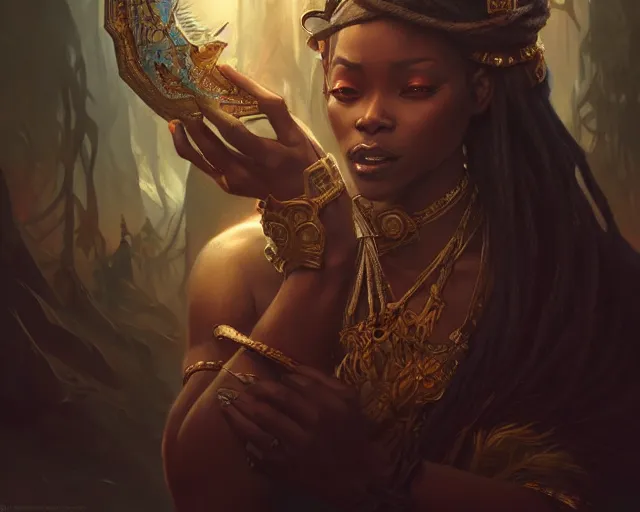 Image similar to ugandan king, deep focus, d & d, fantasy, intricate, elegant, highly detailed, digital painting, artstation, concept art, matte, sharp focus, illustration, dark fantasy style art, hearthstone, art by artgerm and greg rutkowski and alphonse mucha