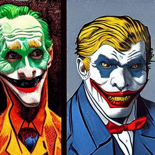 Image similar to portrait of the joker, mash - up between mc escher and vincent van gogh, marvel comics style