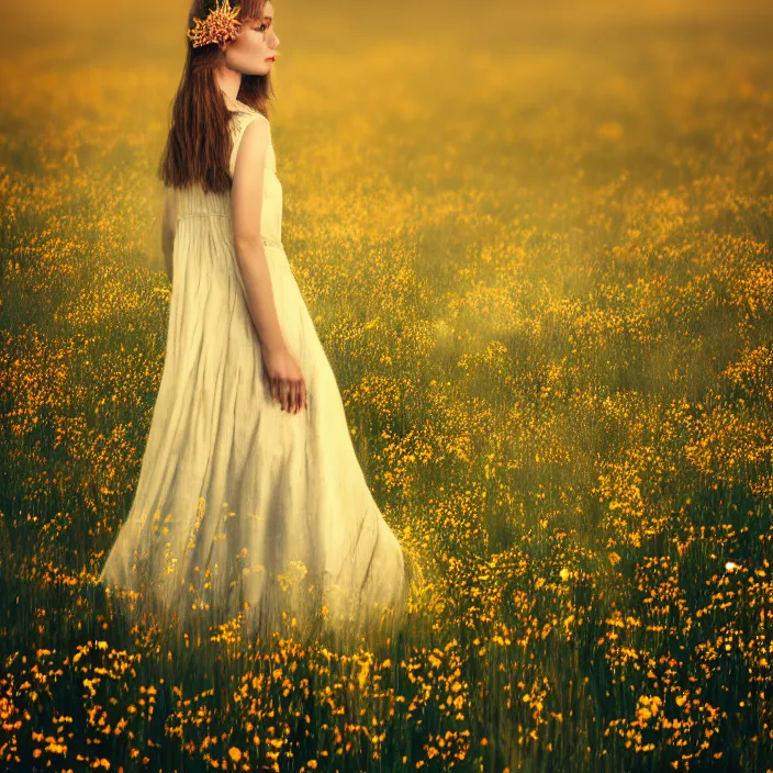 Image similar to photo of a very beautiful!! woman on intricate dress in an endless heavenly meadow, 4 k, hdr, smooth, sharp focus, high resolution, award - winning photo, trending on artstation, 5 0 mm