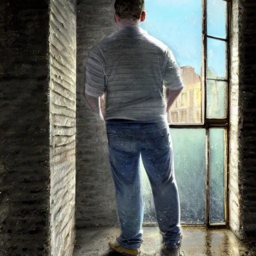 Prompt: high quality high detail painting by john salt, realistic peter griffin from family guy standing in a basement with concrete floor. light ray from a blurry window, floating dust, motion blur, gloomy, stippled walls, cinematic shot, epic, realistic, 4 k, perfectly defined features