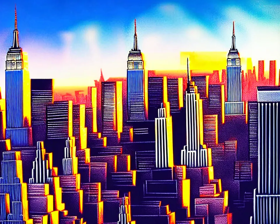 Image similar to new york in the future, empire state building, statue of liberty, city streets, golden hour, perspective artwork, photorealism
