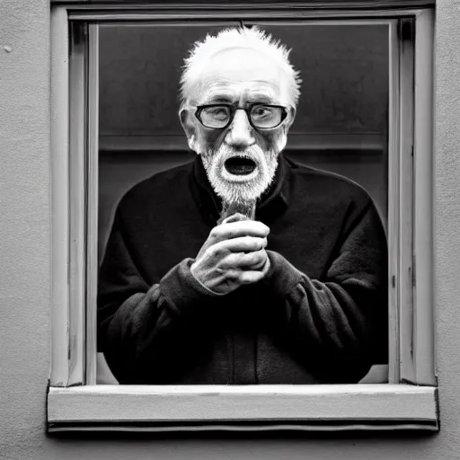 Image similar to an old man eating seen through a window