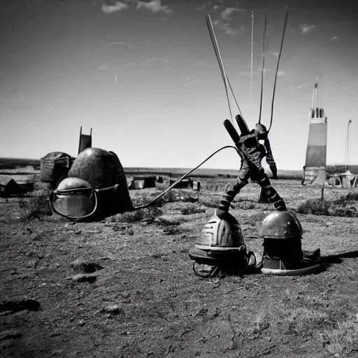 Image similar to wide angle photo of viking wearing space suit helmet and viking armor working on the antigravity gun ancient device, tools and junk on the ground,wires and lights, old village in the distance, vintage old photo, black and white, sepia