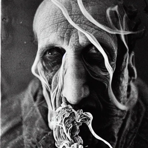 Image similar to photographic portrait of wrinkly sad max ernst dried melting floral fungus with spiraling cigarette smoke, in fog, medium long shot