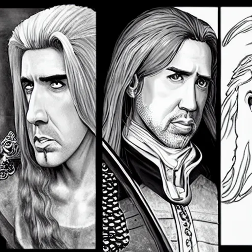 Prompt: nicolas cage with long flowing blond hair as a D&D character