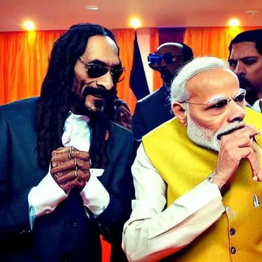 Image similar to narendra modi smoking with snoop dogg in a well lit room, nice vibe