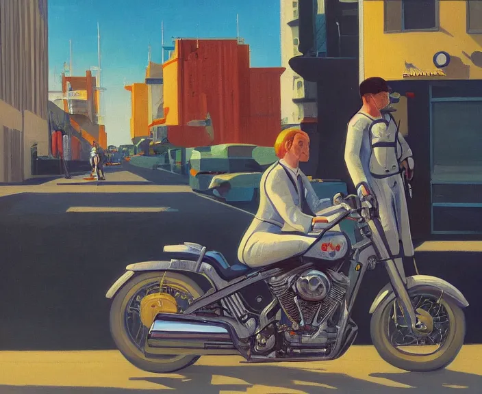 Image similar to a very detailed painting of a astronaut wearing a suit, riding a motorbike down a street, harley davidson motorbike, worm's - eye view, very fine brush strokes, very aesthetic, very futuristic, in the style of edward hopper and grant wood and syd mead, 4 k,