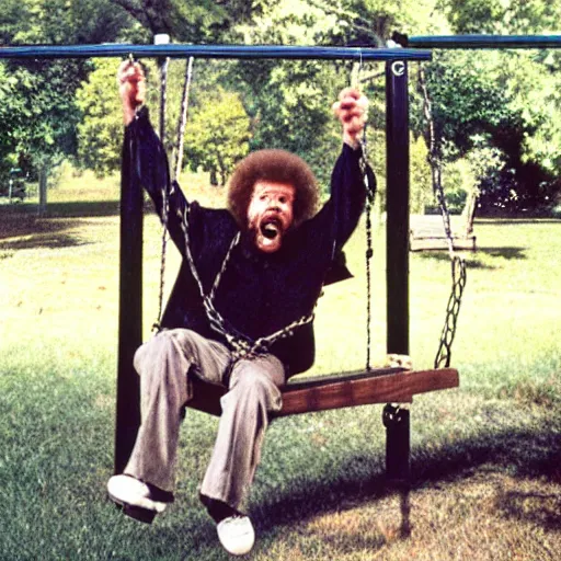 Prompt: bob ross screaming on a swingset