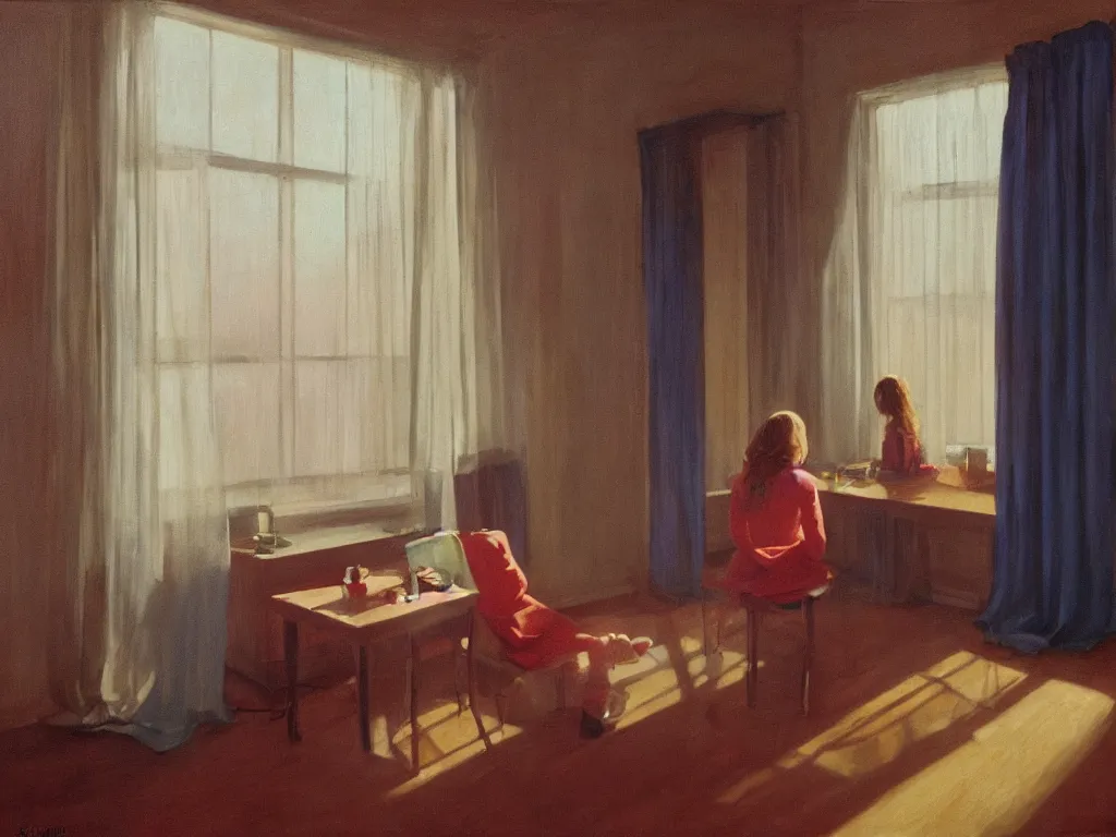 Prompt: lone girl waiting inside a room, 7 0 s, stanley kubrick the shinning, american gothic, vibrant colors americana, cinematic, volumetric lighting, ultra wide angle view, realistic, detailed painting in the style of edward hopper and rene magritte