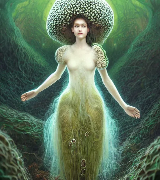 Image similar to full body portrait of teenage mushroom queen, long winding mycelium hair, peaceful expression, wearing clothing of lichen and fungus, bone jewelry, intricate, elegant, gem jewelry, mushroom cave, glowing lights, highly detailed, digital painting, artstation, concept art, smooth, sharp focus, illustration art by wlop, mucha, artgerm, and greg rutkowski