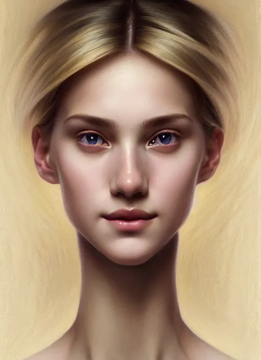 Image similar to beautiful symmetrical face, portrait of young woman blessed with ever - increasing physical and mental perfection, realism, blonde hair, perfect face!! intricate, elegant, highly detailed, vision of holy perfection!! smile, digital painting, artstation, concept art, smooth, sharp focus, illustration, humanity, art by artgerm and greg rutkowski and alphonse mucha