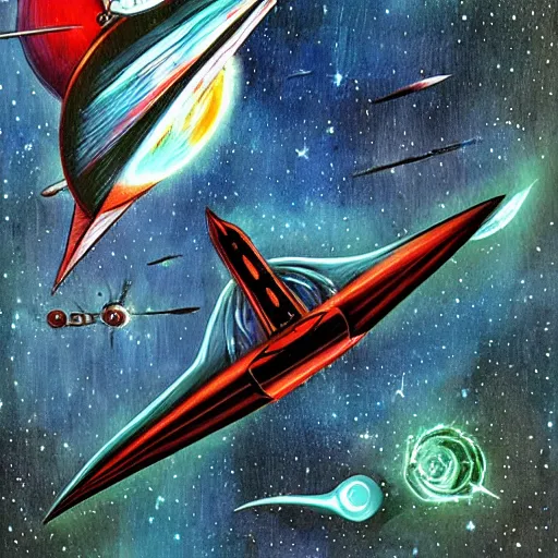 Image similar to atompunk rocket ship sailing across the infinite cosmos, beyond galaxies, raygun gothic style, evil, painting by daemorph art