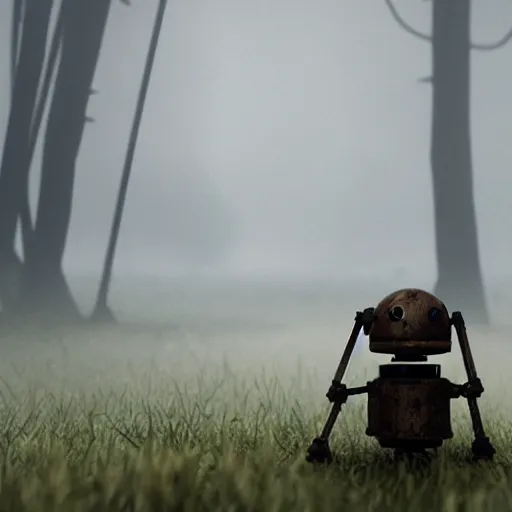 Prompt: realistic render of a small and rusty observation droid in a swamp, eerie atmosphere, fog, cinematic lighting