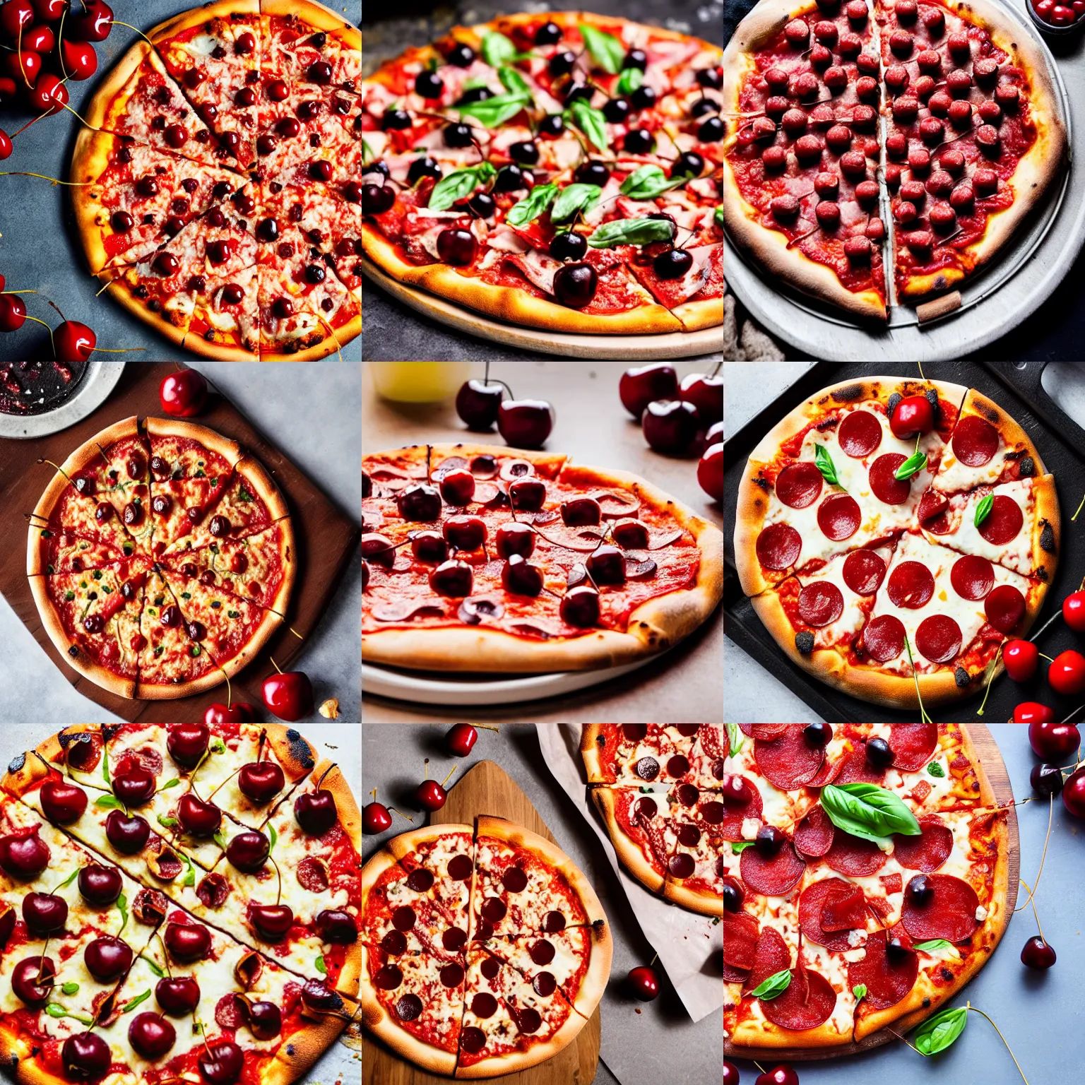 Prompt: a pizza topped with cherries and pepperoni, professional food photography