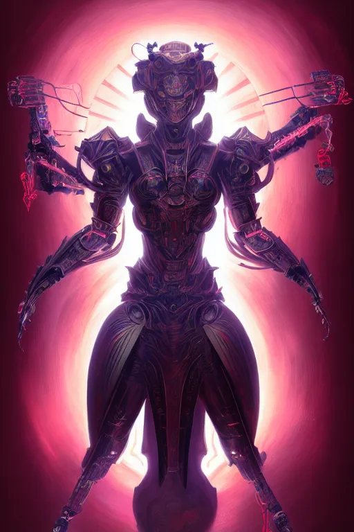 Image similar to asura from chinese myth, ghost, mecha, symmetrical. sci - fi, tech wear, glowing lights, intricate, elegant, highly detailed, digital painting, highly detailed, digital painting, artstation, concept art, smooth, sharp focus, illustration, art by artgerm and greg rutkowski and alphonse mucha