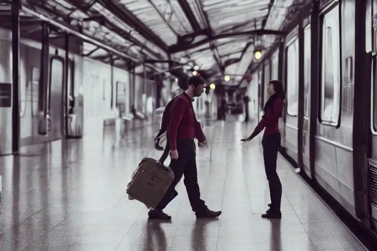 Image similar to vfx movie couple in a train station flat color profile low - key lighting cinematography atmospheric