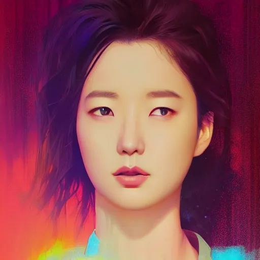 Image similar to half - electric yoon eun hye with cute - fine - face, pretty face, oil slick hair, perfect face, extremely fine details, volumetric lighting, dynamic background, poster by ilya kuvshinov katsuhiro otomo, magali villeneuve, artgerm, jeremy lipkin and michael garmash and rob rey, and silvain sarrailh